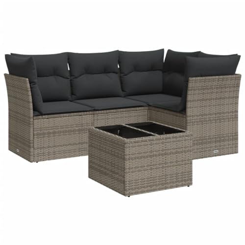 vidaXL Garten Sofa Garnitur 5-TLG., Gartenmöbel Set mit Kissen, Sitzgruppe für Garten Terrasse, Modular Gartensofa Lounge, Tisch mit Glasplatte, Grau Poly Rattan vidaXL Garten Sofa Garnitur 5-TLG., Gartenmöbel Set mit Kissen, Sitzgruppe für Garten Terrasse, Modular Gartensofa Lounge, Tisch mit Glasplatte, Grau Poly Rattan von vidaXL