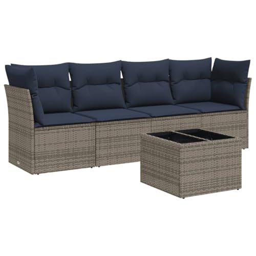 vidaXL Garten Sofa Garnitur 5-TLG., Gartenmöbel Set mit Kissen, Sitzgruppe für Garten Terrasse, Modular Gartensofa Lounge, Tisch mit Glasplatte, Grau Poly Rattan von vidaXL