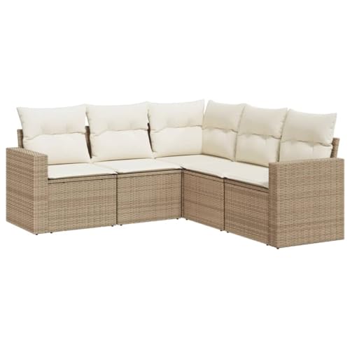 vidaXL Garten Sofa Garnitur 5-TLG., Gartenmöbel Set mit Kissen Stauraum, Sitzgruppe für Garten Terrasse, Modular Gartensofa Lounge, Beige Poly Rattan von vidaXL
