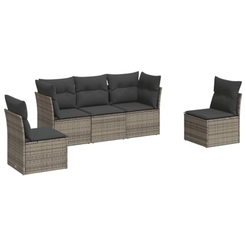 vidaXL Garten Sofa Garnitur 5-TLG., Gartenmöbel Set mit Kissen Stauraum, Sitzgruppe für Garten Terrasse, Modular Gartensofa Lounge, Grau Poly Rattan von vidaXL