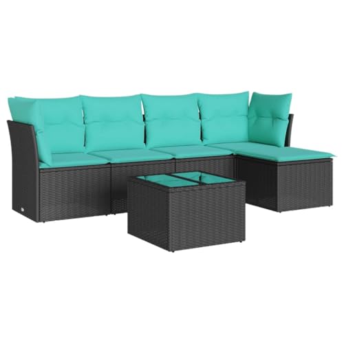 vidaXL Garten Sofa Garnitur 6-TLG., Gartenmöbel Set mit Kissen, Sitzgruppe für Garten Terrasse, Modular Gartensofa Hocker Lounge, Tisch mit Glasplatte, Schwarz Poly Rattan von vidaXL