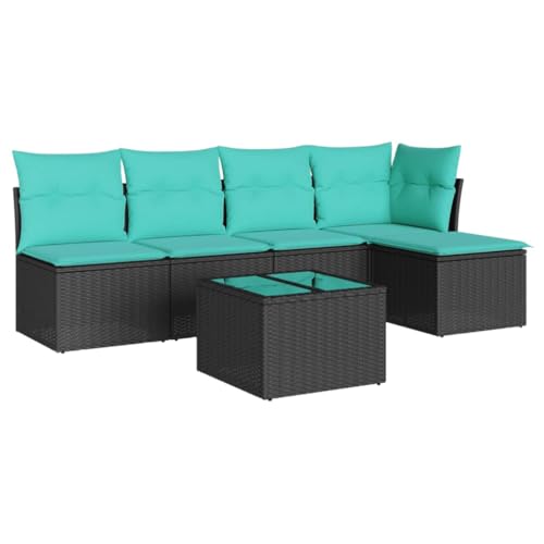 vidaXL Garten Sofa Garnitur 6-TLG., Gartenmöbel Set mit Kissen, Sitzgruppe für Garten Terrasse, Modular Gartensofa Hocker Lounge, Tisch mit Glasplatte, Schwarz Poly Rattan von vidaXL
