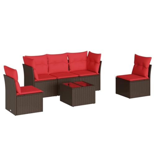 vidaXL Garten Sofa Garnitur 6-TLG., Gartenmöbel Set mit Kissen, Sitzgruppe für Garten Terrasse, Modular Gartensofa Lounge, Tisch mit Glasplatte, Braun Poly Rattan von vidaXL