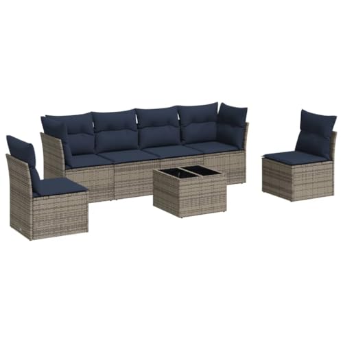 vidaXL Garten Sofa Garnitur 7-TLG., Gartenmöbel Set mit Kissen, Sitzgruppe für Garten Terrasse, Modular Gartensofa Lounge, Tisch mit Glasplatte, Grau Poly Rattan von vidaXL