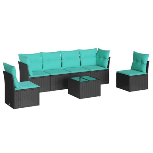 vidaXL Garten Sofa Garnitur 7-TLG., Gartenmöbel Set mit Kissen, Sitzgruppe für Garten Terrasse, Modular Gartensofa Lounge, Tisch mit Glasplatte, Schwarz Poly Rattan von vidaXL
