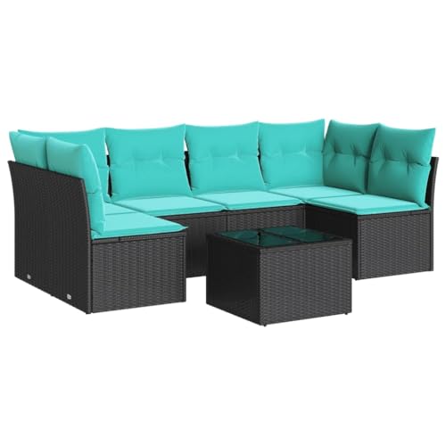 vidaXL Garten Sofa Garnitur 7-TLG., Gartenmöbel Set mit Kissen, Sitzgruppe für Garten Terrasse, Modular Gartensofa Lounge, Tisch mit Glasplatte, Schwarz Poly Rattan von vidaXL