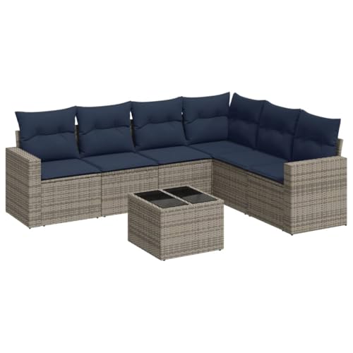 vidaXL Garten Sofa Garnitur 7-TLG., Gartenmöbel Set mit Kissen Stauraum, Sitzgruppe für Garten Terrasse, Modular Gartensofa Lounge, Tisch mit Glasplatte, Grau Poly Rattan von vidaXL