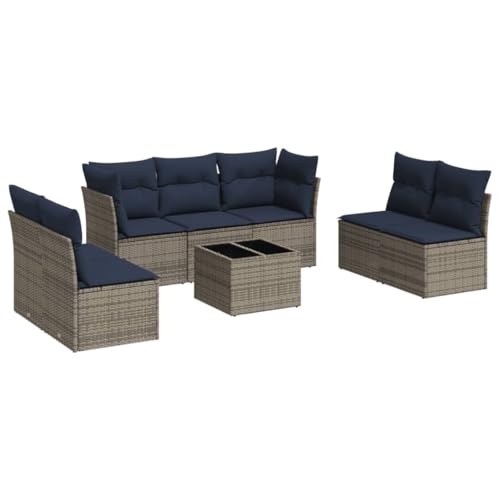 vidaXL Garten Sofa Garnitur 8-TLG., Gartenmöbel Set mit Kissen, Sitzgruppe für Garten Terrasse, Modular Gartensofa Lounge, Tisch mit Glasplatte, Grau Poly Rattan von vidaXL