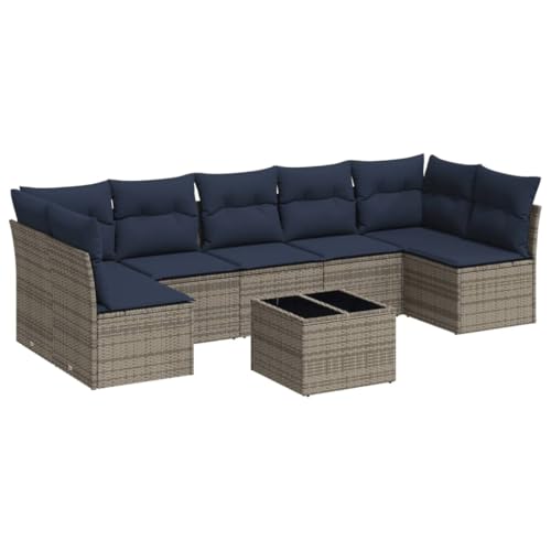 vidaXL Garten Sofa Garnitur 8-TLG., Gartenmöbel Set mit Kissen, Sitzgruppe für Garten Terrasse, Modular Gartensofa Lounge, Tisch mit Glasplatte, Grau Poly Rattan von vidaXL