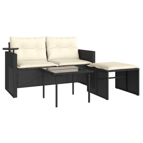 vidaXL Garten Sofagarnitur 3-TLG., Gartensofa mit Kissen, Sitzgruppe für Garten Terrasse, Gartentisch Gartenmöbel, Schwarz Poly Rattan von vidaXL