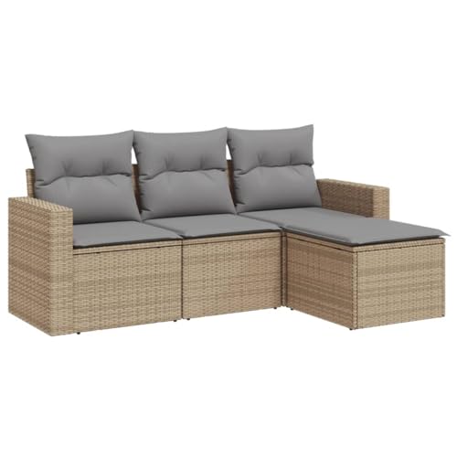 vidaXL Garten Sofa Garnitur 4-TLG., Gartenmöbel Set mit Kissen, Rattanmöbel für Garten Terrasse, Modular Gartensofa Hocker Lounge Sitzgruppe, Beige Poly Rattan von vidaXL