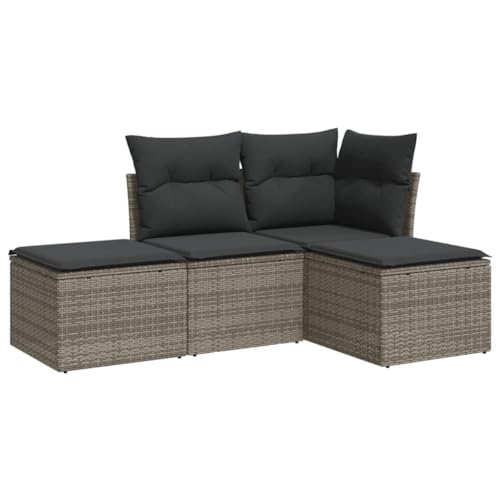 vidaXL Garten Sofa Garnitur 4-TLG., Gartenmöbel Set mit Kissen, Sitzgruppe für Garten Terrasse, Modular Gartensofa Hocker Lounge, Grau Poly Rattan von vidaXL