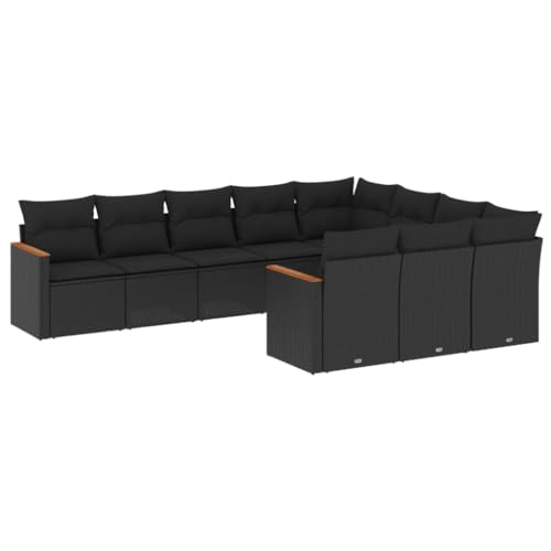 vidaXL Garten Sofagarnitur mit Kissen 10-TLG., Gartenmöbel Gartengarnitur, Sitzgruppe Sitzgarnitur, Lounge Sofa Garnitur Terrasse, Schwarz Poly Rattan von vidaXL