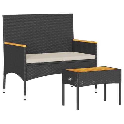 vidaXL Gartenbank 2-Sitzer, Parkbank mit Kissen Tisch, Sitzbank für Terrasse Garten Balkon, Gartenmöbel Balkonbank, Schwarz Poly Rattan von vidaXL