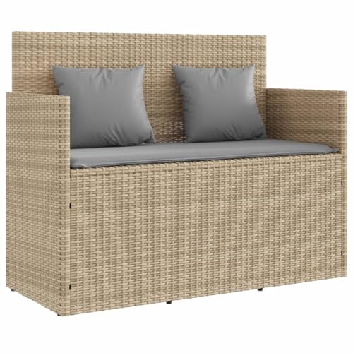 vidaXL Gartenbank mit Kissen, Sitzbank mit Staufach unter Sitzfläche, Parkbank mit abnehmbaren Bezügen, Außenbank Outdoor Bank, Beige Poly Rattan von vidaXL