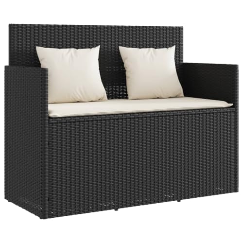 vidaXL Gartenbank mit Kissen, Sitzbank mit Staufach unter Sitzfläche, Parkbank mit abnehmbaren Bezügen, Außenbank Outdoor Bank, Schwarz Poly Rattan von vidaXL