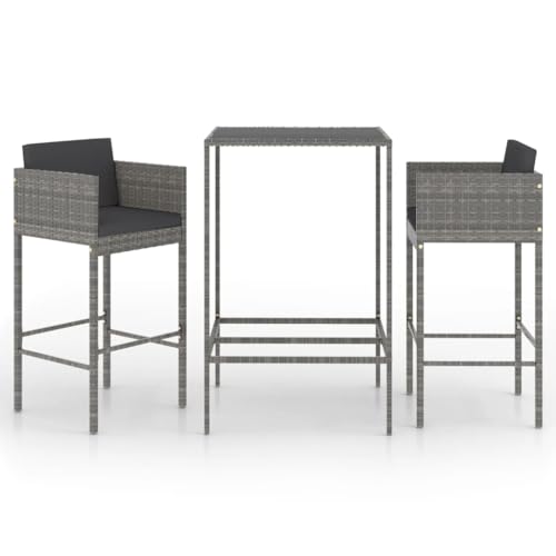 vidaXL Gartenbar Set 3-TLG. mit Kissen Theke Bar Tresen Gartentheke Bartisch Stehtisch Barhocker Barstuhl Gartenmöbel Poly Rattan Grau von vidaXL