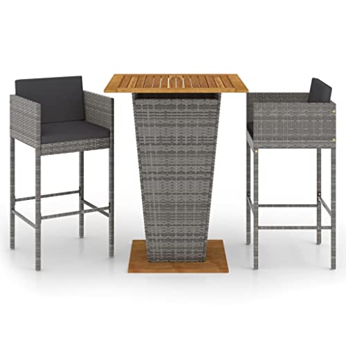 vidaXL Gartenbar Set 3-TLG. mit Kissen Theke Bar Tresen Gartentheke Bartisch Stehtisch Barhocker Barstuhl Gartenmöbel Poly Rattan Grau von vidaXL