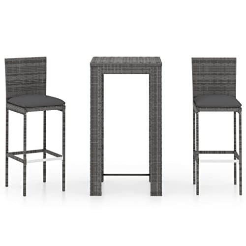vidaXL Gartenbar Set 3-TLG. mit Kissen Theke Bar Tresen Gartentheke Bartisch Stehtisch Barhocker Barstuhl Gartenmöbel Poly Rattan Grau von vidaXL