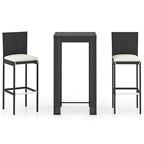 vidaXL Gartenbar Set 3-TLG. mit Kissen Theke Bar Tresen Gartentheke Bartisch Stehtisch Barhocker Barstuhl Gartenmöbel Poly Rattan Schwarz von vidaXL