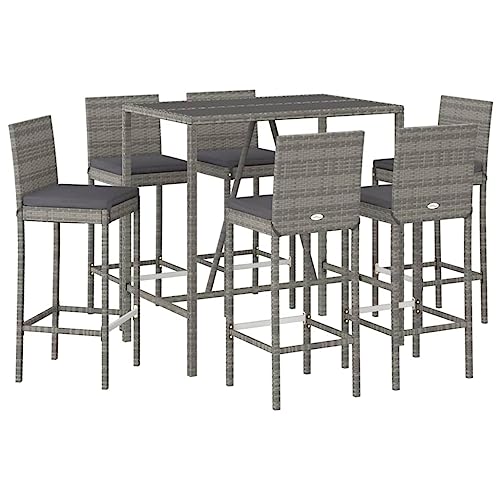 vidaXL Gartenbar Set 7-TLG., Gartenmöbel Bartisch 6 Barstühle, Stehtisch Barhocker für Garten Terrasse, Sitzgruppe Gartenset mit Kissen, Grau Poly Rattan von vidaXL