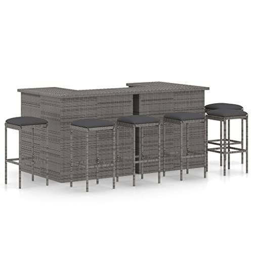 vidaXL Gartenbar Set 8-TLG. mit Kissen Theke Bar Tresen Gartentheke Bartisch Stehtisch Barhocker Barstuhl Gartenmöbel Poly Rattan Grau von vidaXL