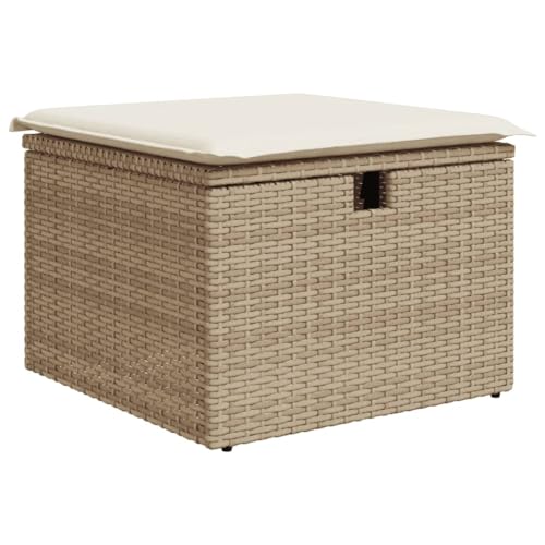 vidaXL Gartenhocker mit Kissen, Hocker mit abnehmbarem waschbarem Bezug, Gartenstuhl mit Staufach unter Sitzfläche, Sitzhocker Gartenmöbel, Beige Poly Rattan von vidaXL