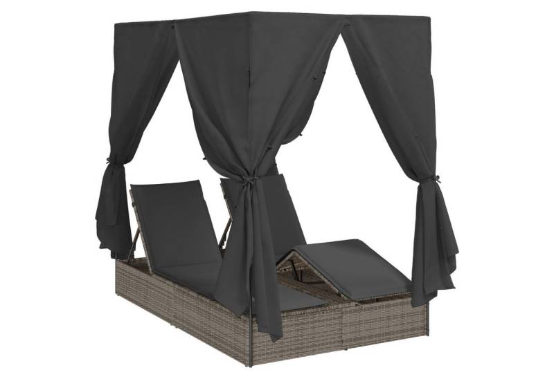 vidaXL Gartenliege Doppel-Sonnenliege mit Dach und Vorhängen aus grauem Poly-Rattan, 1 St. von vidaXL