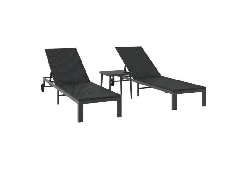 vidaXL Gartenliege Sonnenliegen 2 Stück mit Rädern und Tisch Schwarz Poly Rattan von vidaXL