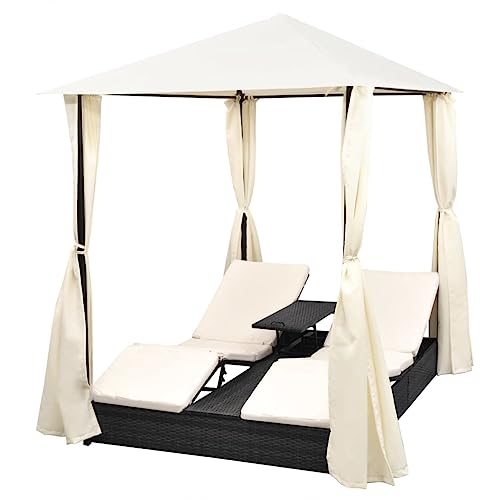 vidaXL Sonnenliege mit Vorhang Gartenliege Gartenmöbel Liege Strandliege Relaxliege Freizeitliege Liegestuhl Rattanmöbel Poly Rattan Schwarz von vidaXL