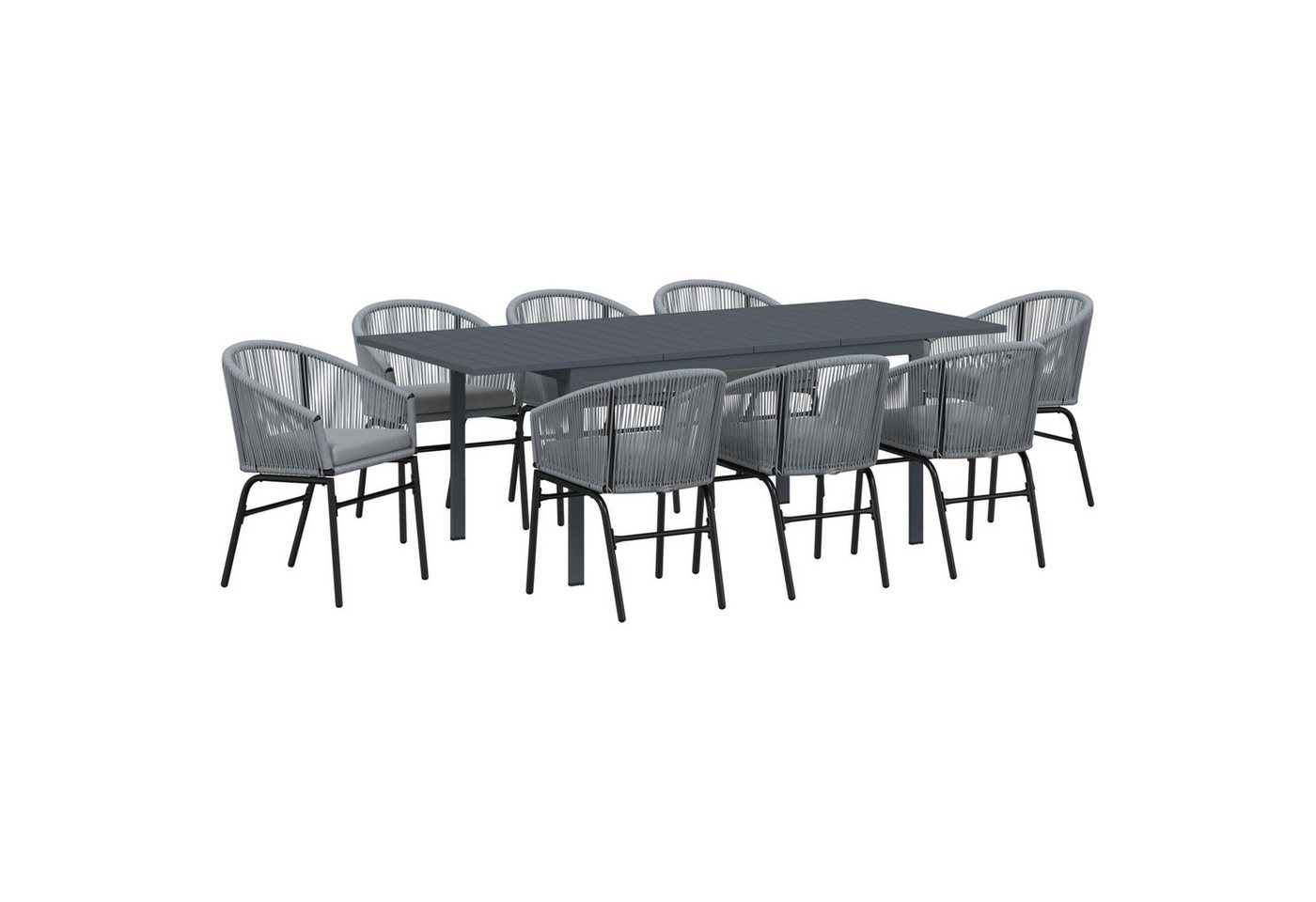 vidaXL Gartenlounge-Set Garten-Esstisch-Set 9 pcs Grau Groß Metallrahmen, Seil, Stoff, (9-tlg) von vidaXL