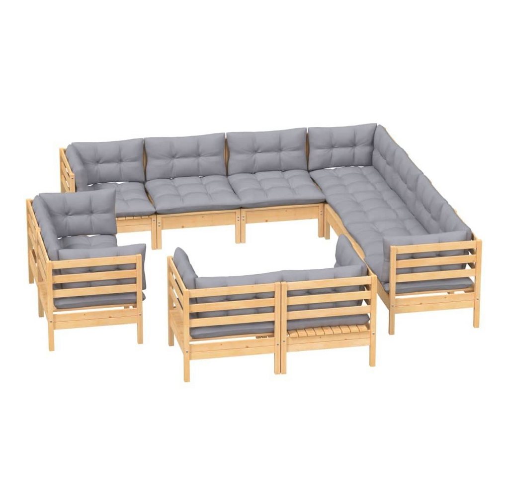 vidaXL Gartenlounge-Set 11-tlg. Garten-Lounge-Set mit Grauen Kissen Massivholz Kiefer, (1-tlg) von vidaXL