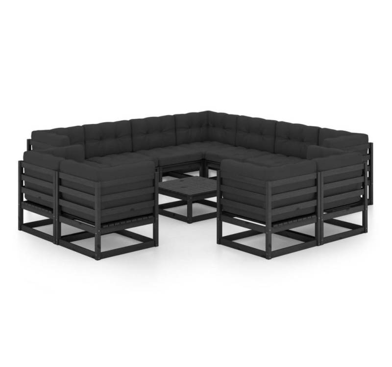vidaXL Gartenlounge-Set 12-tlg. Garten-Lounge-Set mit Kissen Schwarz Massivholz Kiefer, (1-tlg) von vidaXL