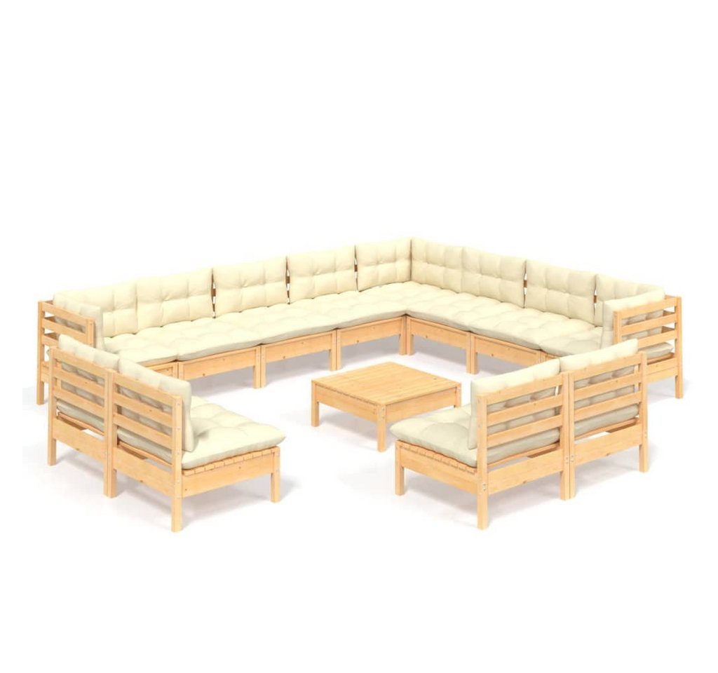 vidaXL Gartenlounge-Set 13-tlg. Garten-Lounge-Set mit Creme Kissen Massivholz Kiefer, (1-tlg) von vidaXL