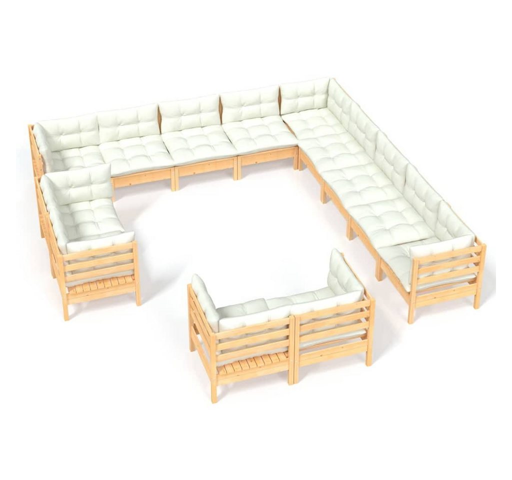 vidaXL Gartenlounge-Set 13-tlg. Garten-Lounge-Set mit Creme Kissen Massivholz Kiefer, (1-tlg) von vidaXL