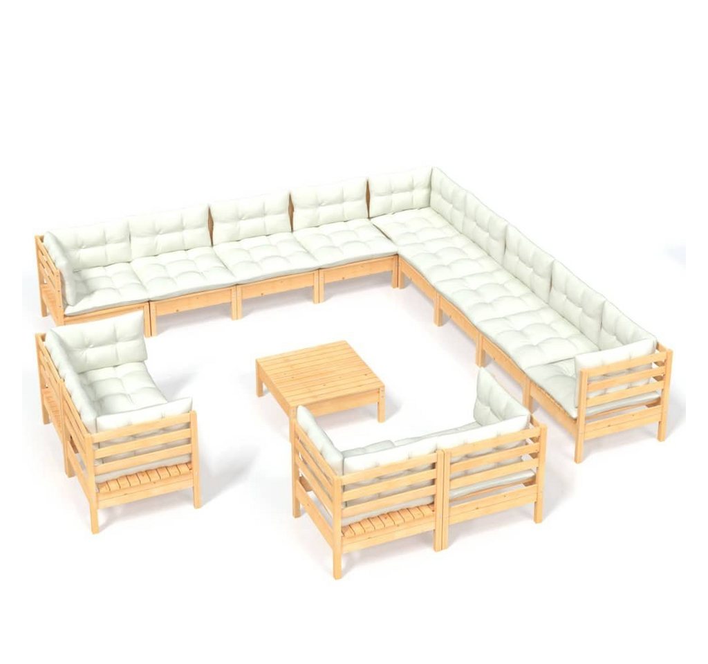 vidaXL Gartenlounge-Set 14-tlg. Garten-Lounge-Set mit Creme Kissen Massivholz Kiefer, (1-tlg) von vidaXL