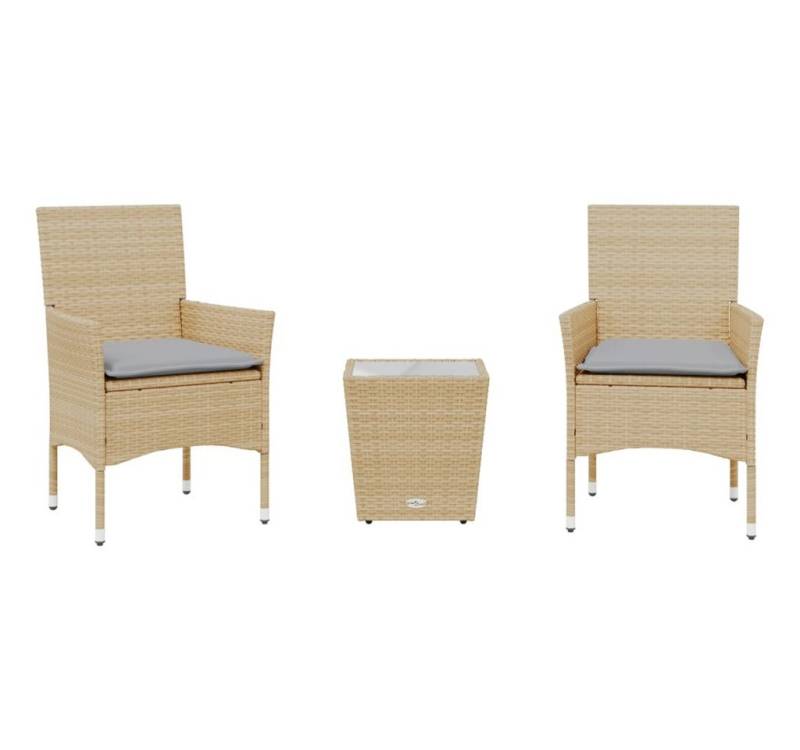 vidaXL Gartenlounge-Set 3-tlg. Bistro-Set mit Kissen Beige Poly Rattan und Glas, (1-tlg) von vidaXL