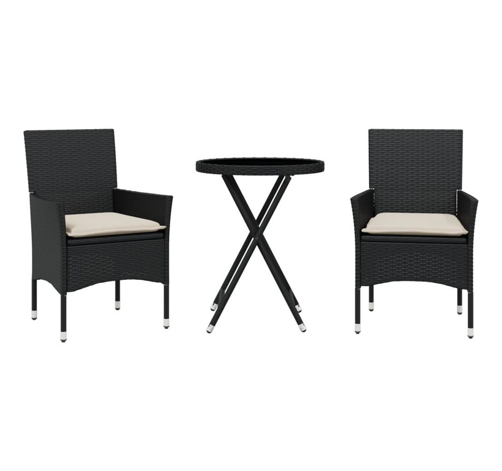 vidaXL Gartenlounge-Set 3-tlg. Bistro-Set mit Kissen Schwarz Poly Rattan und Glas, (1-tlg) von vidaXL