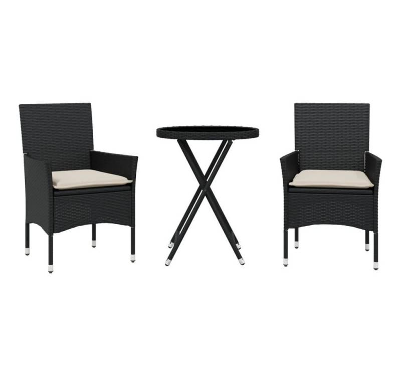 vidaXL Gartenlounge-Set 3-tlg. Bistro-Set mit Kissen Schwarz Poly Rattan und Glas, (1-tlg) von vidaXL