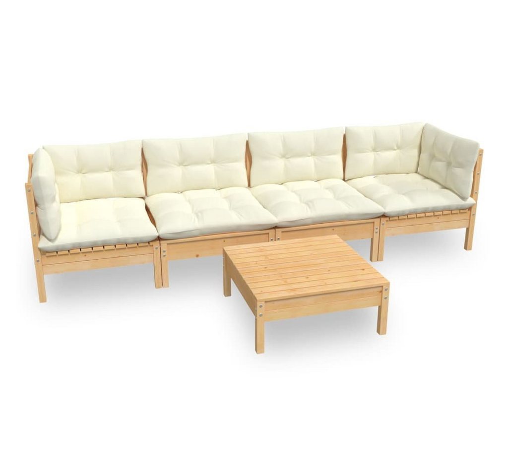 vidaXL Gartenlounge-Set 5-tlg. Garten-Lounge-Set mit Creme Kissen Kiefer Massivholz, (1-tlg) von vidaXL