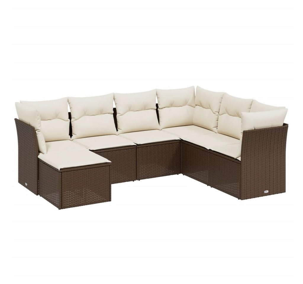 vidaXL Gartenlounge-Set 7-tlg. Garten-Sofagarnitur mit Kissen Braun Poly Rattan, (1-tlg) von vidaXL