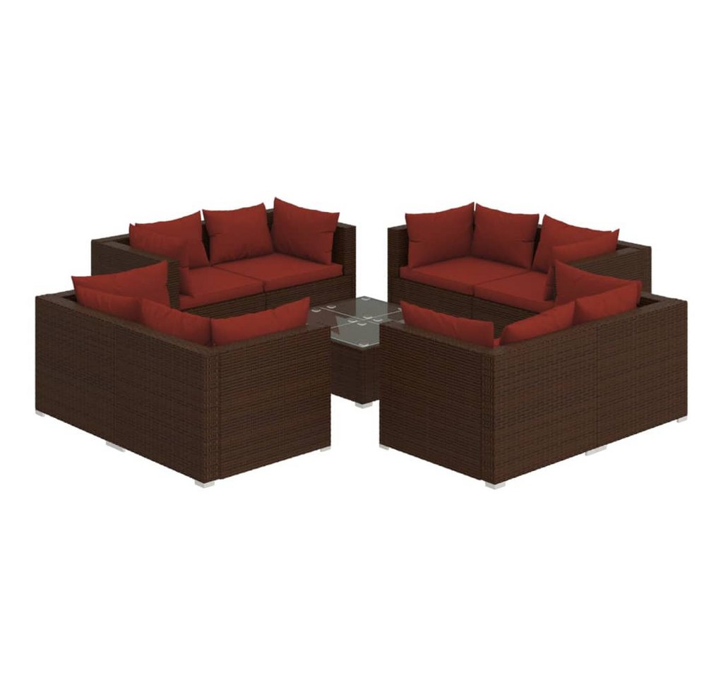 vidaXL Gartenlounge-Set 9-tlg. Garten-Lounge-Set mit Kissen Poly Rattan Braun, (1-tlg) von vidaXL