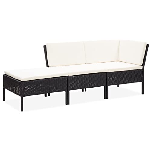 vidaXL Gartenmöbel 3-TLG. mit Auflagen Lounge Sofa Sitzgruppe Garten Garnitur Gartensofa Gartenset Mittelsofa Fußhocker Ecksofa Poly Rattan Schwarz von vidaXL