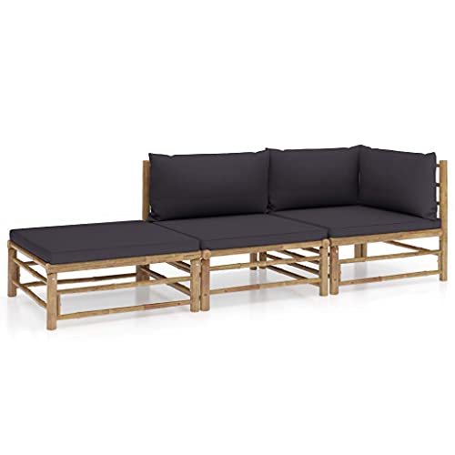 vidaXL Gartenmöbel 3-TLG. mit Dunkelgrauen Kissen Garten Garnitur Sitzgruppe Sofa Lounge Gartensofa Sitzgarnitur Gartenset Ecksofa Mittelsofa Fußhocker Bambus von vidaXL