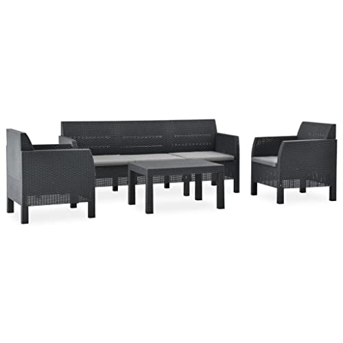 vidaXL Gartenmöbel 4-TLG. mit Kissen 3-Sitzer Sofa Gartensessel Gartensofa Stuhl Tisch Lounge Sitzgruppe Gartenset Sitzgarnitur PP Rattan Anthrazit von vidaXL