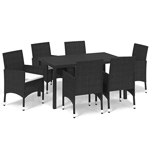 vidaXL Gartenmöbel 7-TLG. mit Kissen Gartengarnitur Sitzgruppe Gartenset Sitzgarnitur Lounge Gartentisch Esstisch Tisch Stühle Poly Rattan Schwarz von vidaXL