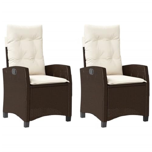 vidaXL Gartensessel mit Kissen 2 STK., Gartenstuhl mit Verstellbarer Rückenlehne, Liegestuhl mit Stahlrahmen, Sessel Stuhl Relaxsessel, Braun Poly Rattan von vidaXL