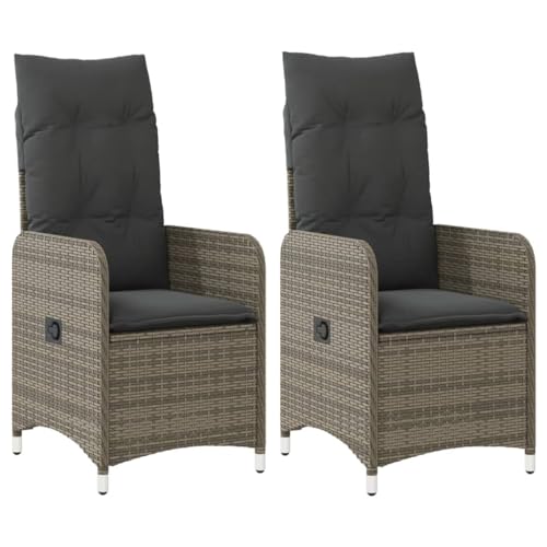 vidaXL Gartensessel mit Kissen 2 STK., Verstellbar Gartenstuhl mit Stahlrahmen, Loungesessel für Außenbereich, Relaxsessel Sthulset, Grau Poly Rattan von vidaXL