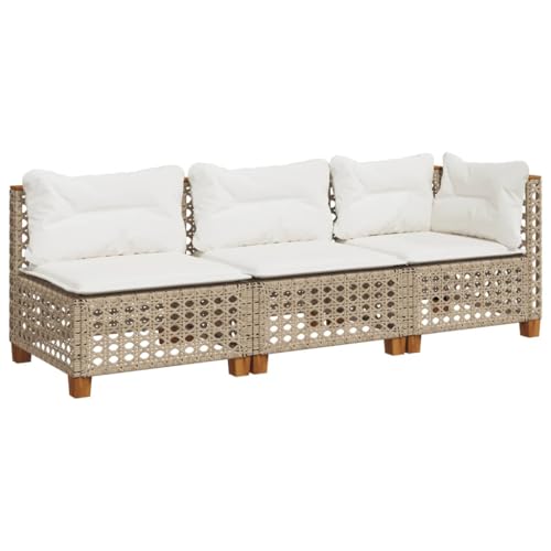 vidaXL Gartensofa 3-Sitzer, Gartensessel mit Kissen, Modular Loungesofa für Garten Terrasse, Sofa Garnitur Gartenmöbel, Beige Poly Rattan von vidaXL