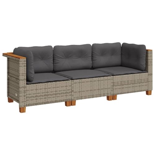 vidaXL Gartensofa 3-Sitzer, Gartensessel mit Kissen, Modular Loungesofa für Garten Terrasse, Sofa Garnitur Gartenmöbel, Grau Poly Rattan von vidaXL